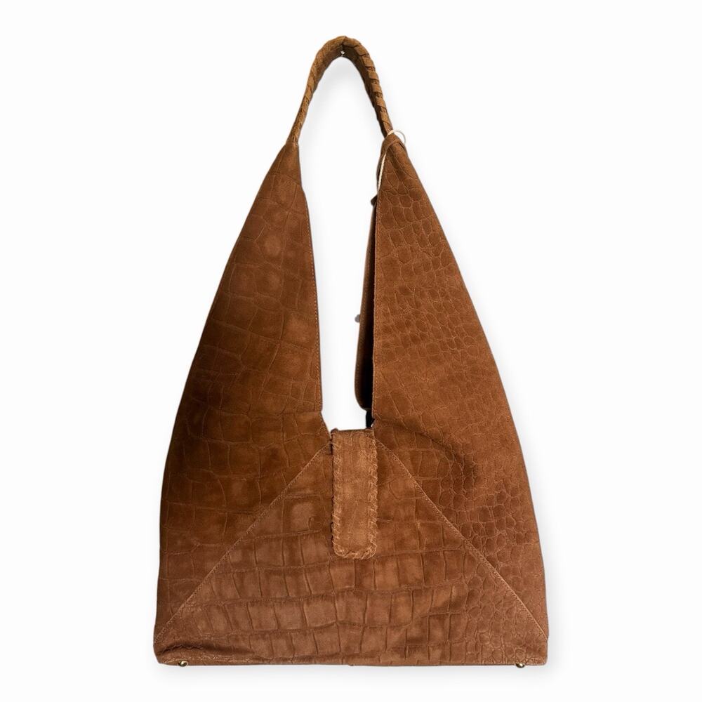 NWT Haute Hippie Triangle Suede Hobo Bag Brown Croc Embossed Boho Shoulder Bag - Picture 7 of 8